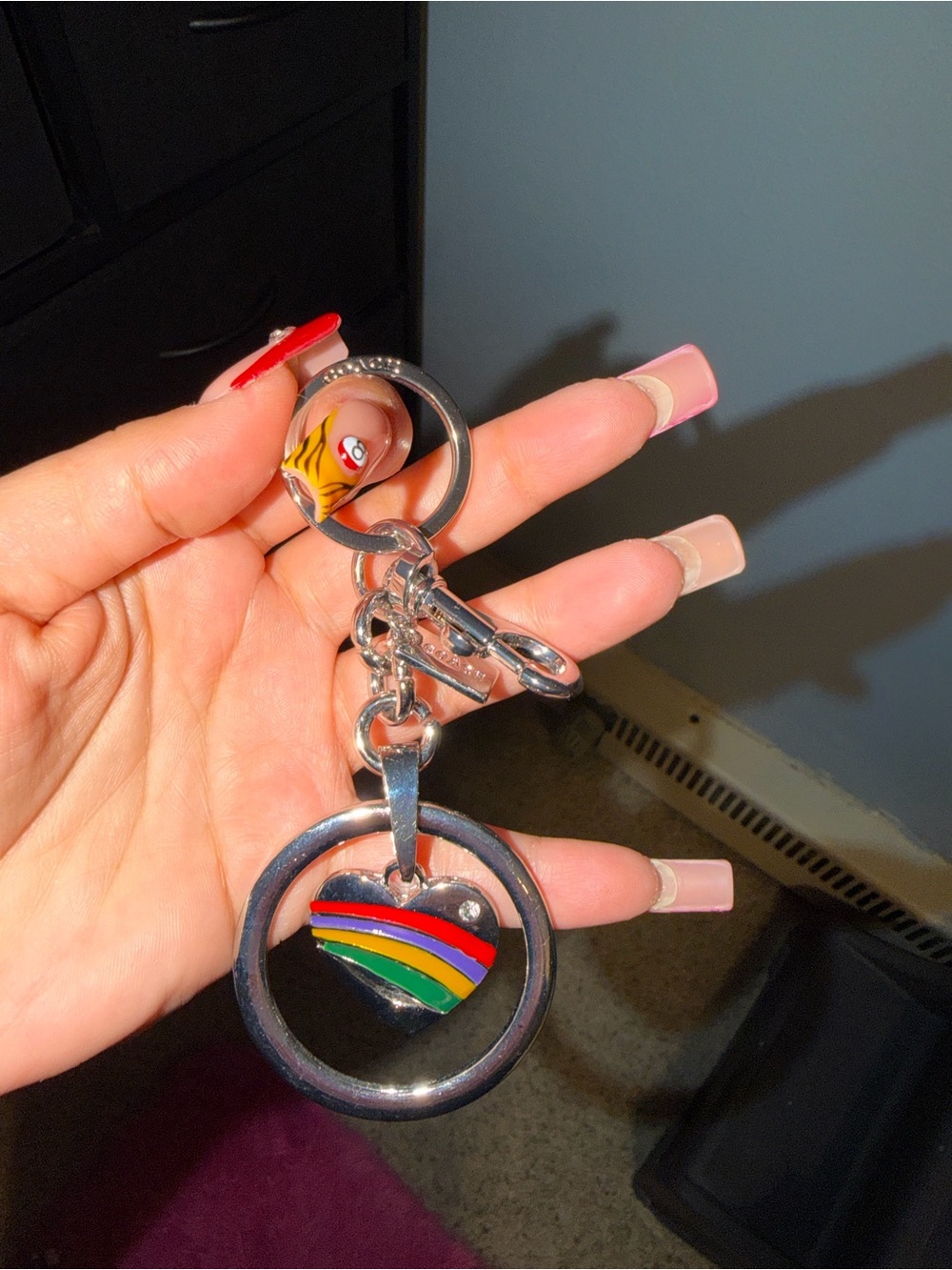 Coach Silver Key Ring with Rainbow Heart Charm